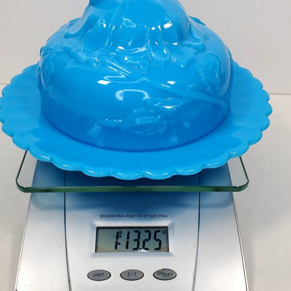 Vtg Round Butter Dish Blue Milk Glass Floral Vine 5.25" - Picture 15 of 15